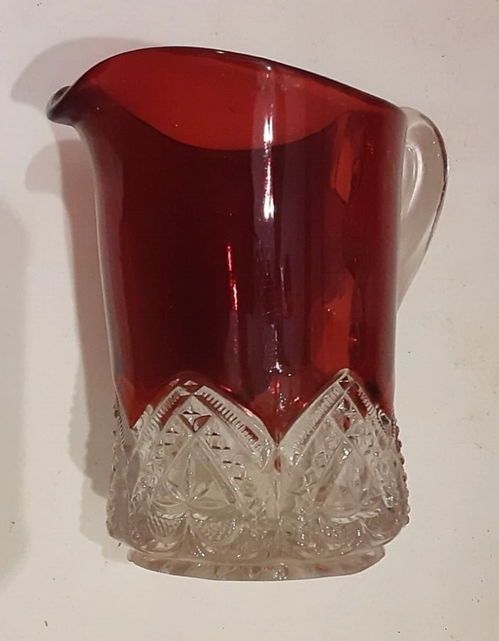 Vintage Ruby Flash Glass small creamer or syrup pitcher, 4" tall, some wear - Image 3 of 4