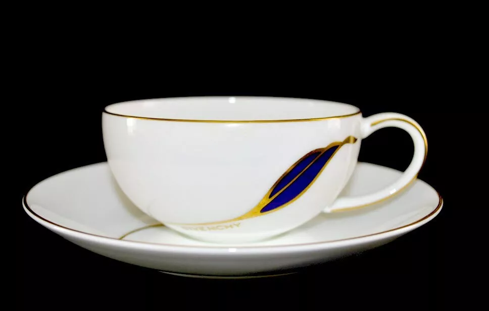 Givenchy Paris Cup Saucer 4 Sets White w Gold Trim Cobalt Leaf PERFECT