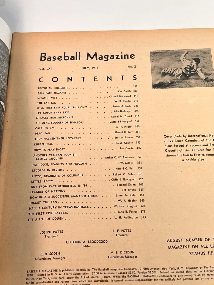 🔥 Revista de beisebol de julho de 1938 Frankie Crosetti Yankees capa ALTA QUALIDADE! 🔥 - Imagem 2 de 2