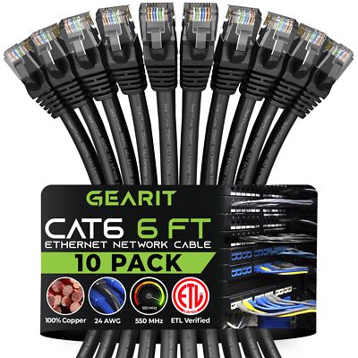 6 ft Cat6 Ethernet Patch Cable 10-Pack - Compatible With Computers and Networ...