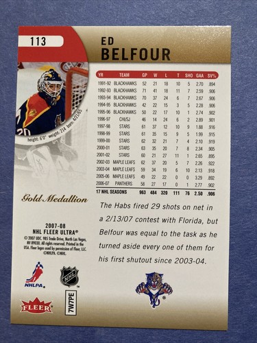 MEDAGLIONE ORO ED BELFOUR 2007-08 FLEER ULTRA #113 - Foto 2 di 2