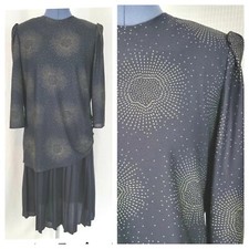 Vtg Marla R Ltd Black Layered Dress w Pleated Skirt  Gold Accented Top Size 10