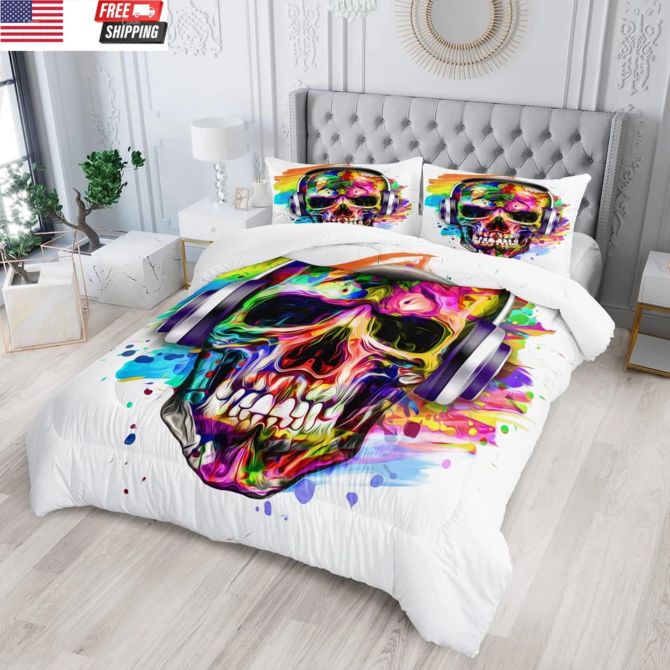 Juego de edredón de calaveras para adolescentes niños, juego de cama doble estampado con patrón de calaveras Foto 2 de 4