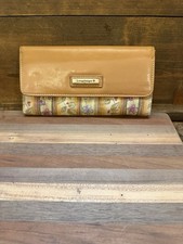 Longaberger Floral Stripe Wallet Tan Leather Trim Organizer Checkbook Holder