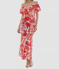 B Darlin Women's Juniors Orange Off-the-Shoulder Printed Satin Gown Dress Sz 3/4