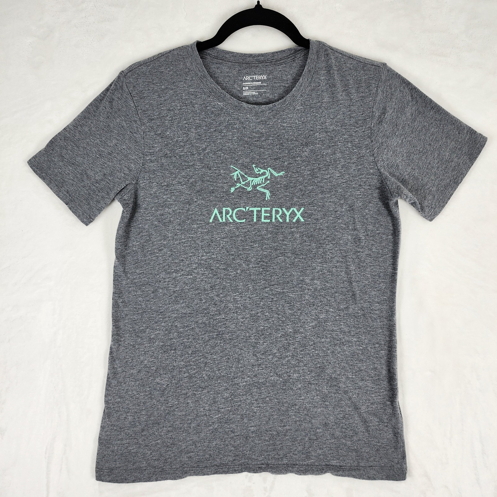 ARC'TERYX Arcteryx T Shirt Donna Piccola Grigio con Logo Verde Menta Manica Corta Arc'Word