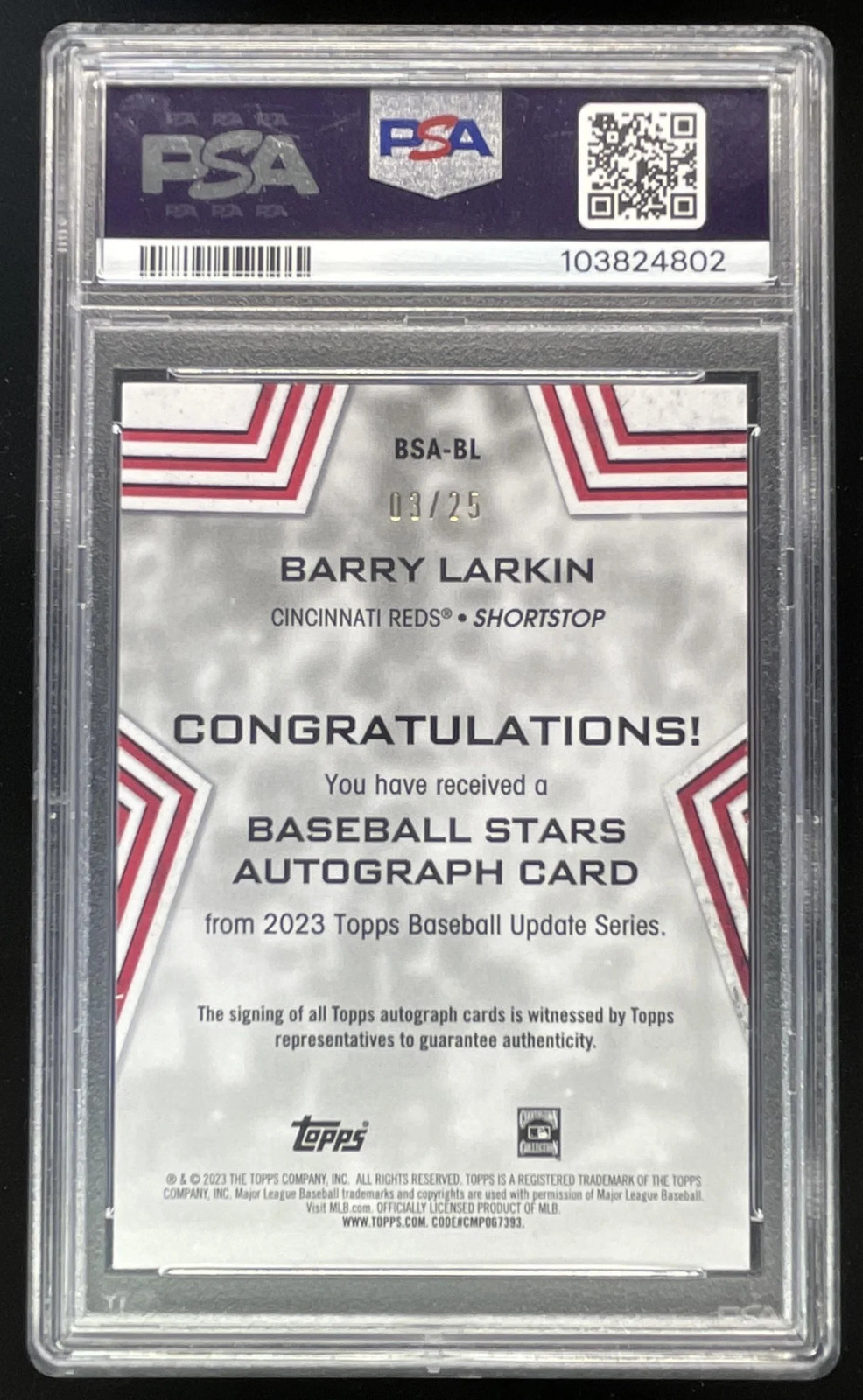 2023 Topps Update Baseball Stars Red #BSA-BL Barry Larkin Auto /25 PSA 8 view 2