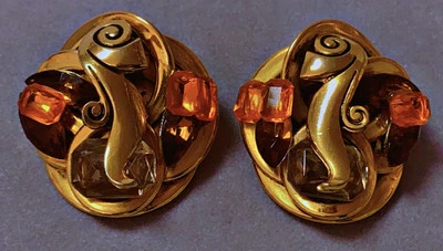 Boucles vintage TARATATA FRANCE Signed gripoix Clip Earrings rhinestones gold - Photo 1/4