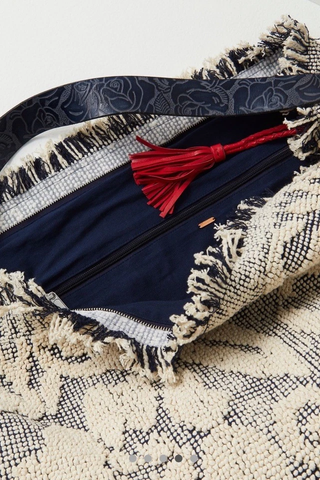 Free People Miramar Carryall Bag Textured Print Tassel Fray Slouchy Azulejos NWT - Image 4 of 4