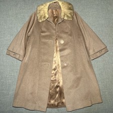 Vtg 60s 70 s ILGWU Union Made Tan Swing Coat Mink Fur Collar Mod Jackie O Style