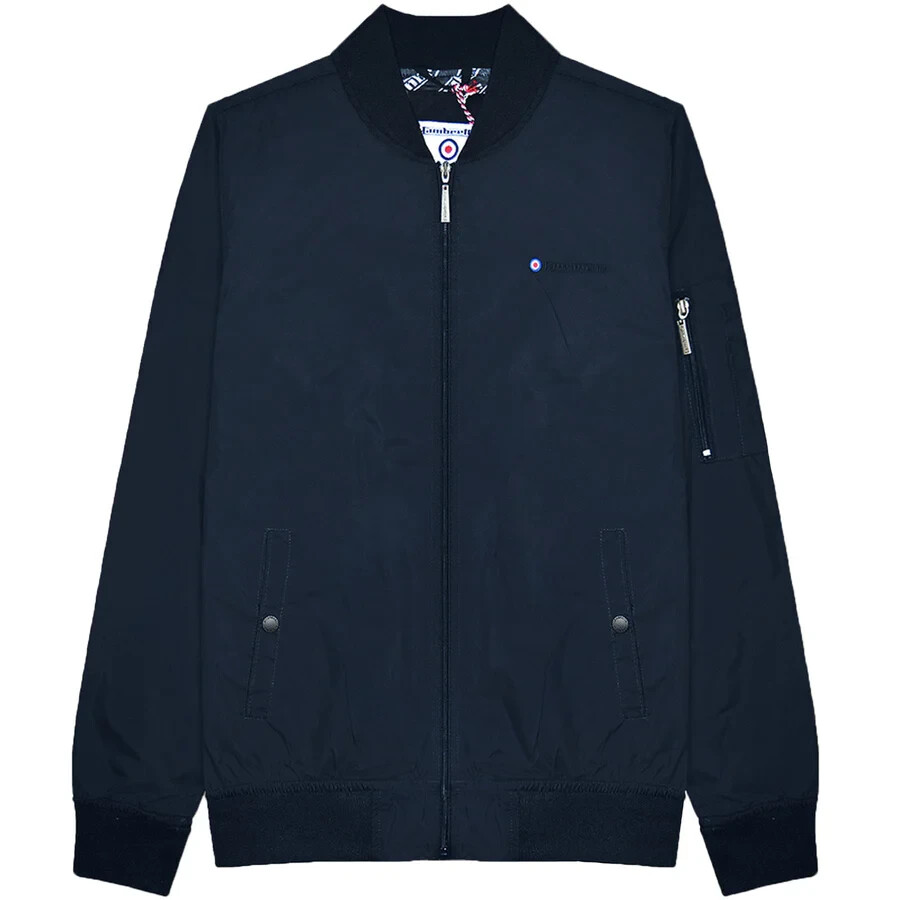 Chaqueta Bomber Lambretta MA1 Para Hombres Grande AZUL MARINO Ligera Cortavientos Cremallera Completa Top