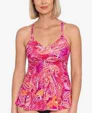 Swim Solutions 306080 Women Printed Underwire Tankini Top Swimwear Pink Size 10