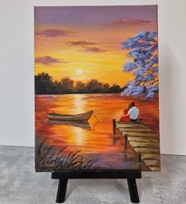 Romantic Sunset Landscape Acrylic Painting -Lake, Boat, Couple – 12x16 Wall Art