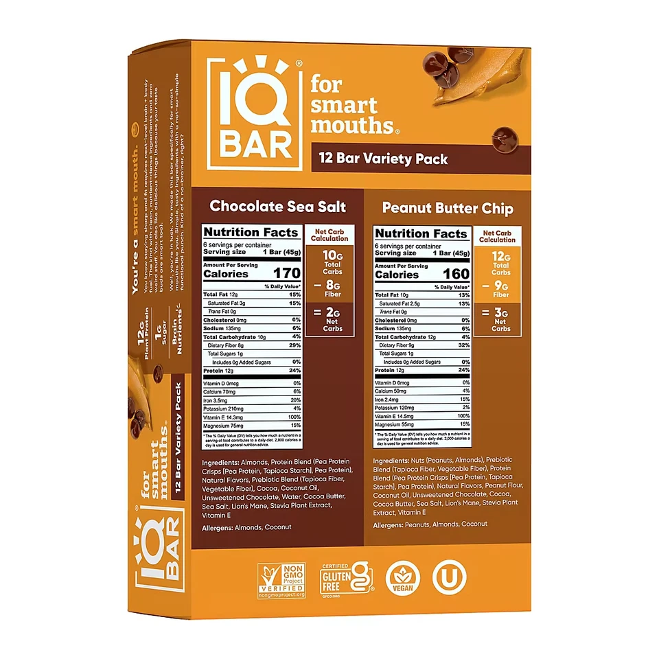 IQBAR Barras de Proteína Vegetal Chocolate Sal Marina Cacahuete Paquete Variedad, 12 ct./1.6 oz Foto 3 de 4