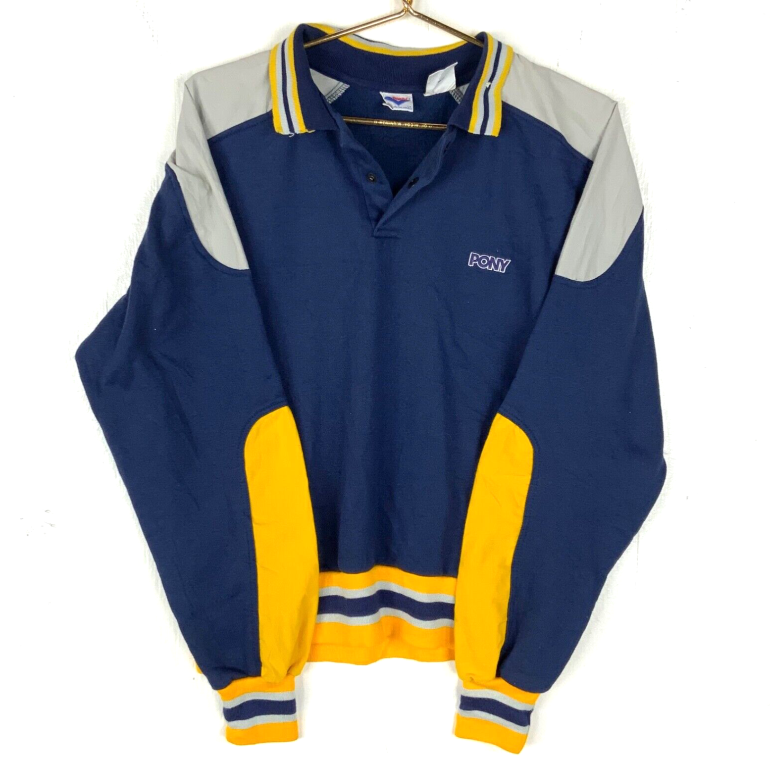 Felpa vintage con colletto pony taglia grande blu anni 80 color block