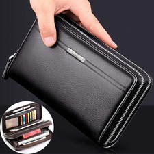 Mens Clutch Bag Wristlet Double Zipper Leather Business Long Multi Card Wallets