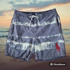Polo Ralph Lauren Blue Tie Dye Lg. Swim Shorts Trunks HUGE RED POLO PONY V G C
