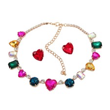 Multi-Color Glass Crystal Heart Square Round Necklace Earrings Party Jewelry Set