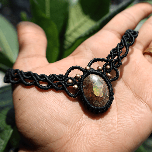 Handcrafted Australian Natural Boulder Opal Boho Macrame Choker Crystal Necklace - Picture 5 of 10