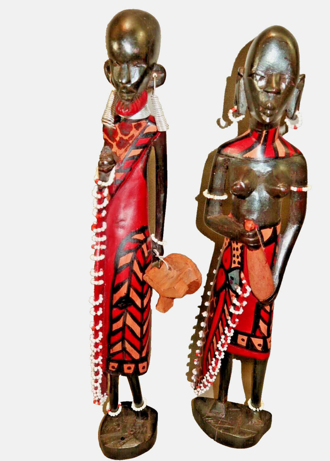 PAIR of Maasai African Mahogany Wood Woman and Man Beaded Figures Carved 12"
