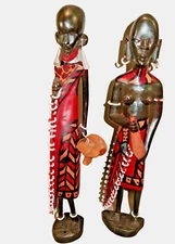 PAIR of Maasai African Mahogany Wood Woman and Man Beaded Figures Carved 12"