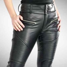 Womens Black Biker Real Leather Pants Zipper Pocket Quilted Stylish Trousers W32