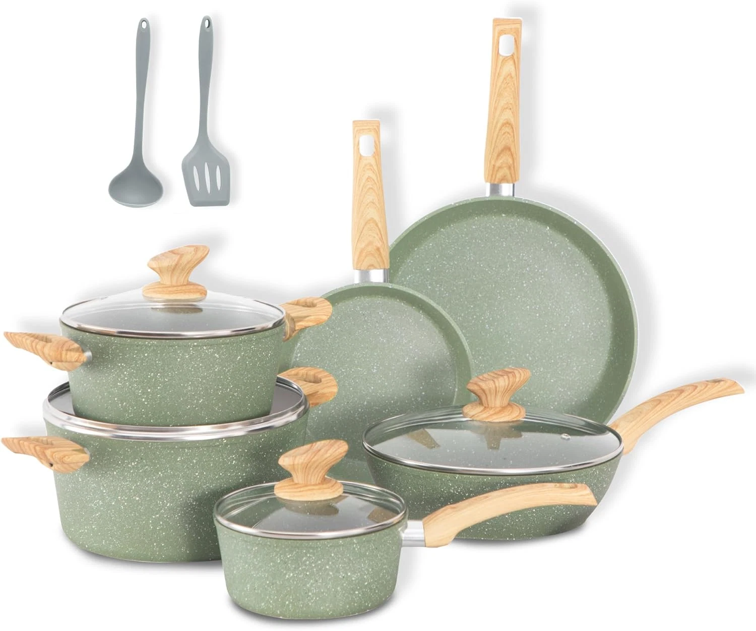 12-Piece Nonstick Granite Induction Cookware Set - Green Pots & Pans