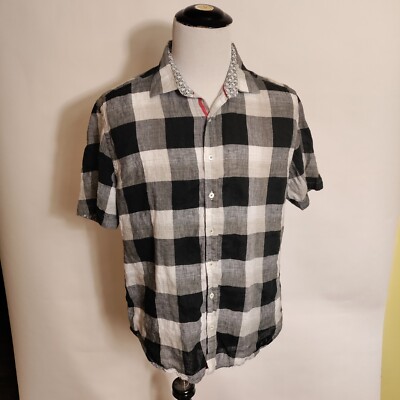 Bugatchi Uomo 80% Linen Shaped Fit S/S Plaid Checked No Sz Tag Black White