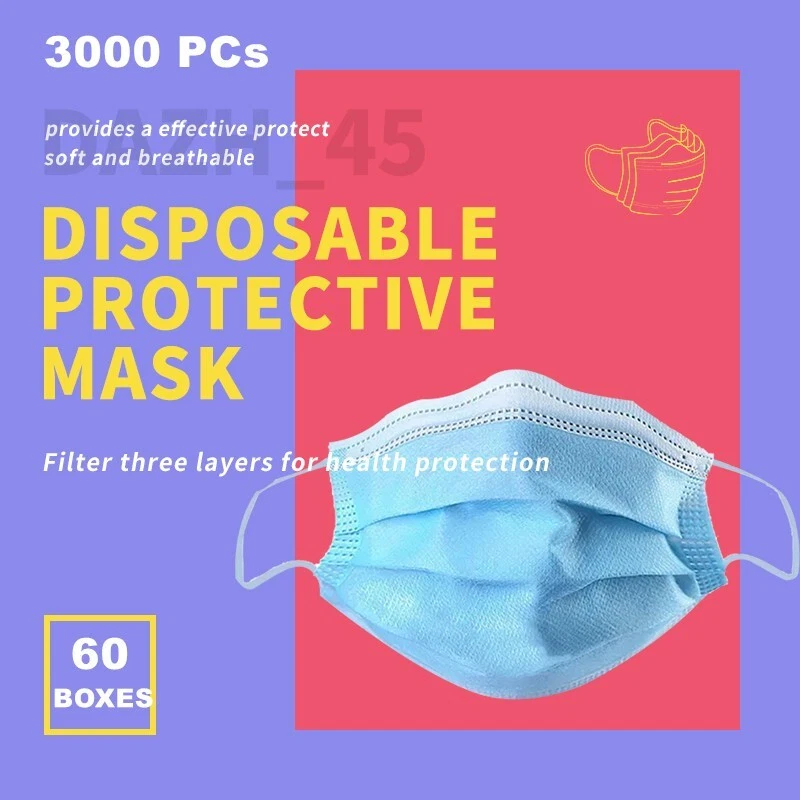 3000 PCs (60 BOXES) Blue Disposable Face Mask 3-Ply Ear Loop Mouth & Nose Cover