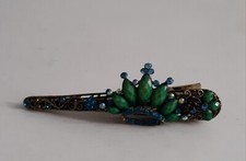 Vintage Green Plastic And Blue Rhinestone Crown Metal Hair Clip Barrette