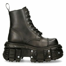 NEW ROCK Trail M-TR001-S1 Goth Punk Ankle Boots - Black Leather, Metal Heel, Lace-Up