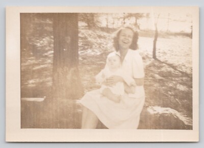 Vintage Photo Young Mother Laughing and Holding Baby 2.5''x3.5''