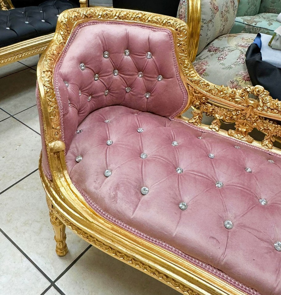 Tufted Bench Pink Velvet French Style Gold Details Rococo Baroque