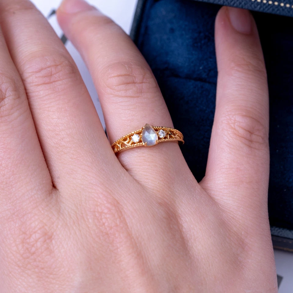 Anillo de labradorita victoriano vintage piedras preciosas banda real filigrana regalo de cumpleaños Foto 3 de 4