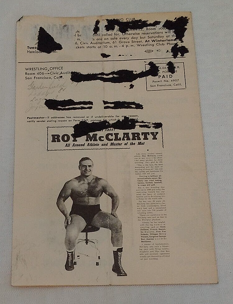 Vintage Wrestling Arena Program Territory 1952 NWA WWE WWWF San