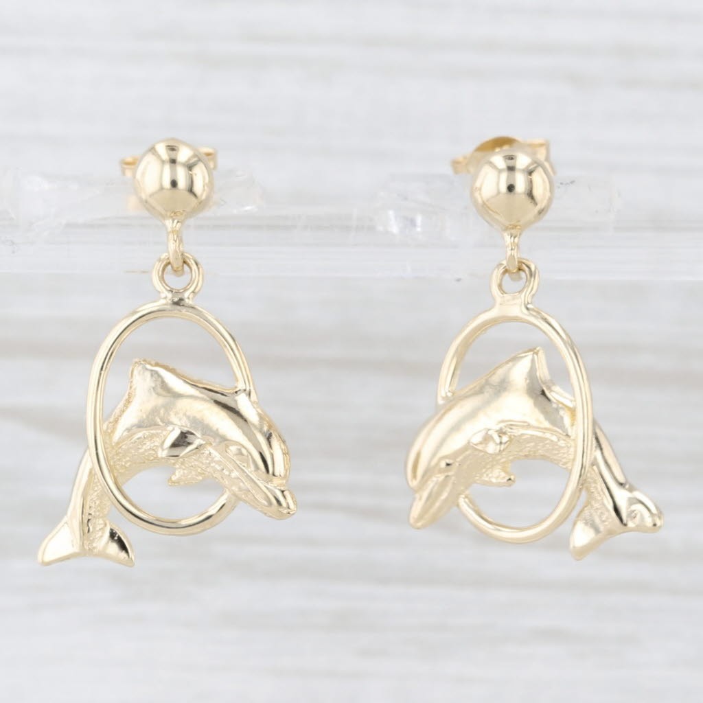 Dolphin Jumping Through Hoop Dangle Earrings 14k … - image 2