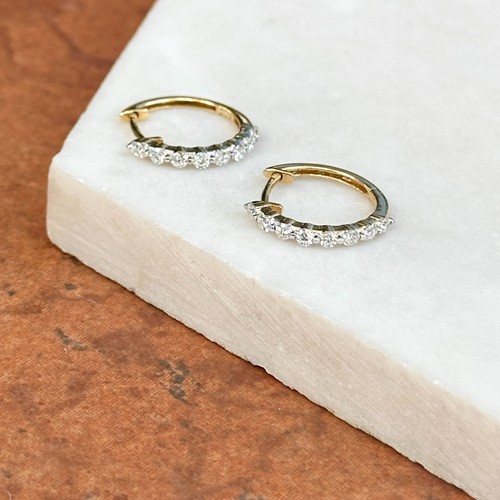 14KT Yellow Gold .16CT Diamond Round Huggie Hoop Earrings Small - Picture 5 of 8