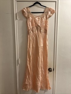 1950s Peach Satin Lace Nightgown Full Length Bias Cut Boudoir Gown Sz 36