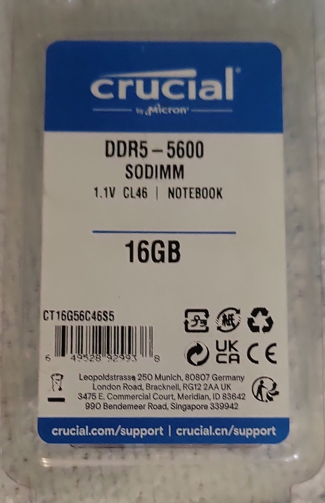 Crucial 16GB DDR5-5600 SO-DIMM 262-Pin RAM 1x16GB CT16G56C46S5