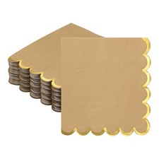 100 Pcs Scalloped Cocktail Napkins with Gold Foil(5 x 5 Inch, Brown)