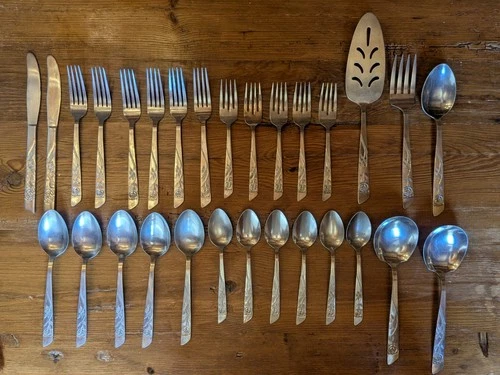 Vintage Stainless 29pc Flatware Silverware Knives Forks Spoons Pie Serving Rose