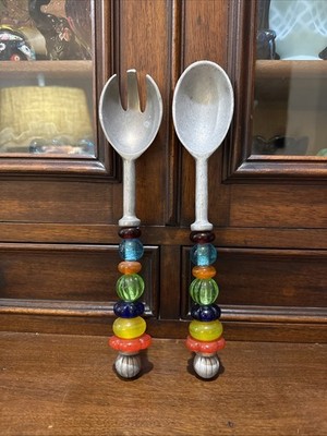 Pewter Vintage Spoon And Fork Salad Serving Utensils Glass Beaded Handles 12in