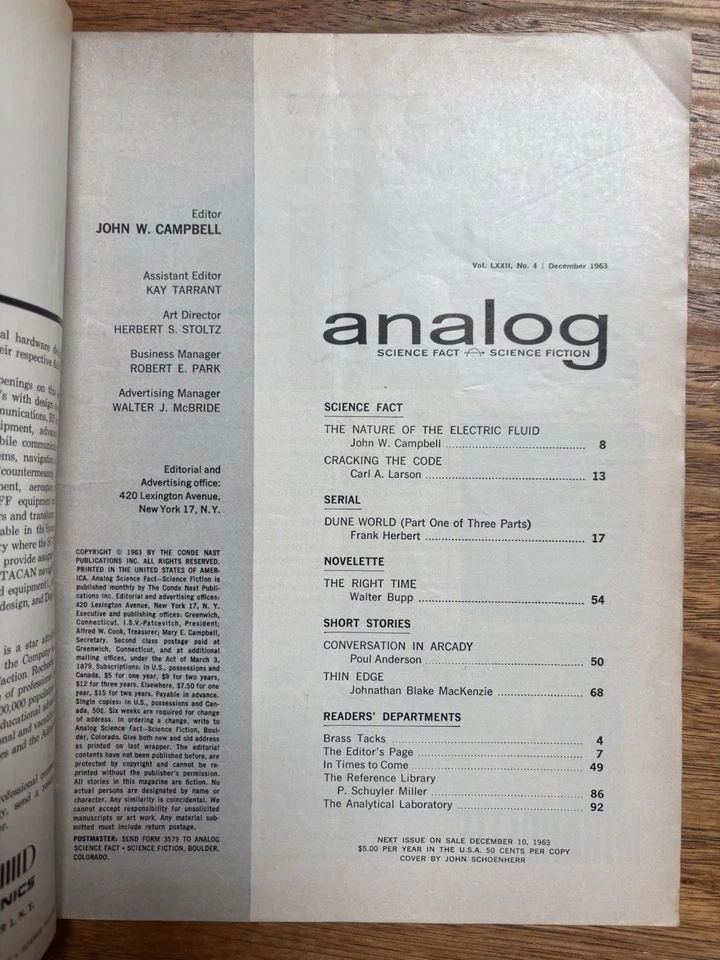 Analog Science Fiction Magazine December 1963 Dune World Part 1 Frank Herbert - Image 4 of 4