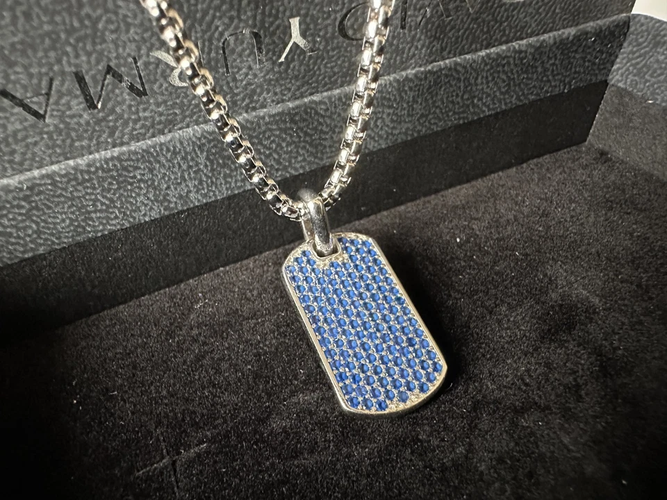 Collar David Yurman Plata de Ley con Zafiros Chevron Etiqueta de Perro Longitud 22" Foto 2 de 4