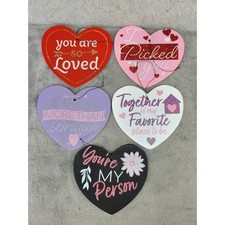 Valentine's Day Heart Wood Hanging Signs Set of 5 Glitter Love Phrases 5 Inch