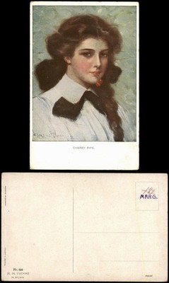 Sign. Künstlerkarte (Art Postcard) ''CHERRY RIPE'' Frau mit Kirschen 1920