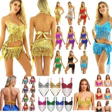 UK Womens Sequin Tassels Belly Latin Dance Halter Crop Top Hip Scarf Wrap Skirts