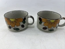 2 Vintage Otagiri Speckled Stoneware Jumbo Soup Mug Brown Yellow Green Floral