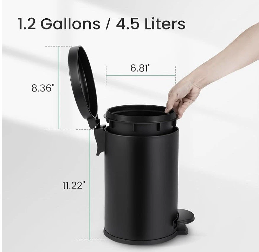 1.2 Gallons Small Black Trash Can, Bathroom Garbage Can with Lid and Foot Pedal - Image 2 of 4