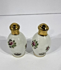 Vintage PAC White Floral Painted Gold Porcelain Salt and Pepper Shaker Set